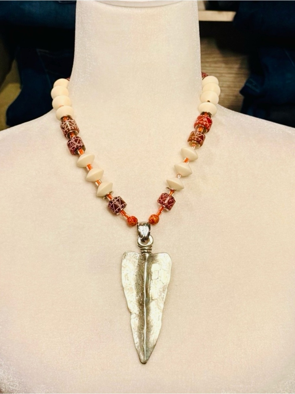 Handmade Ivory and Amber Beaded Necklace with Silver Arrowhead Pendant
